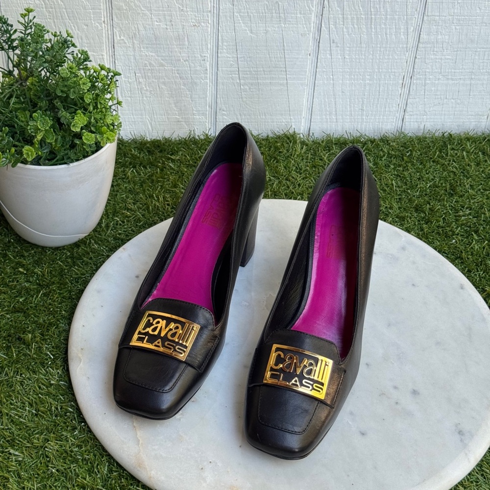 Cavalli Class square toe pumps Black Leather Women's Shoes size 37 US 7